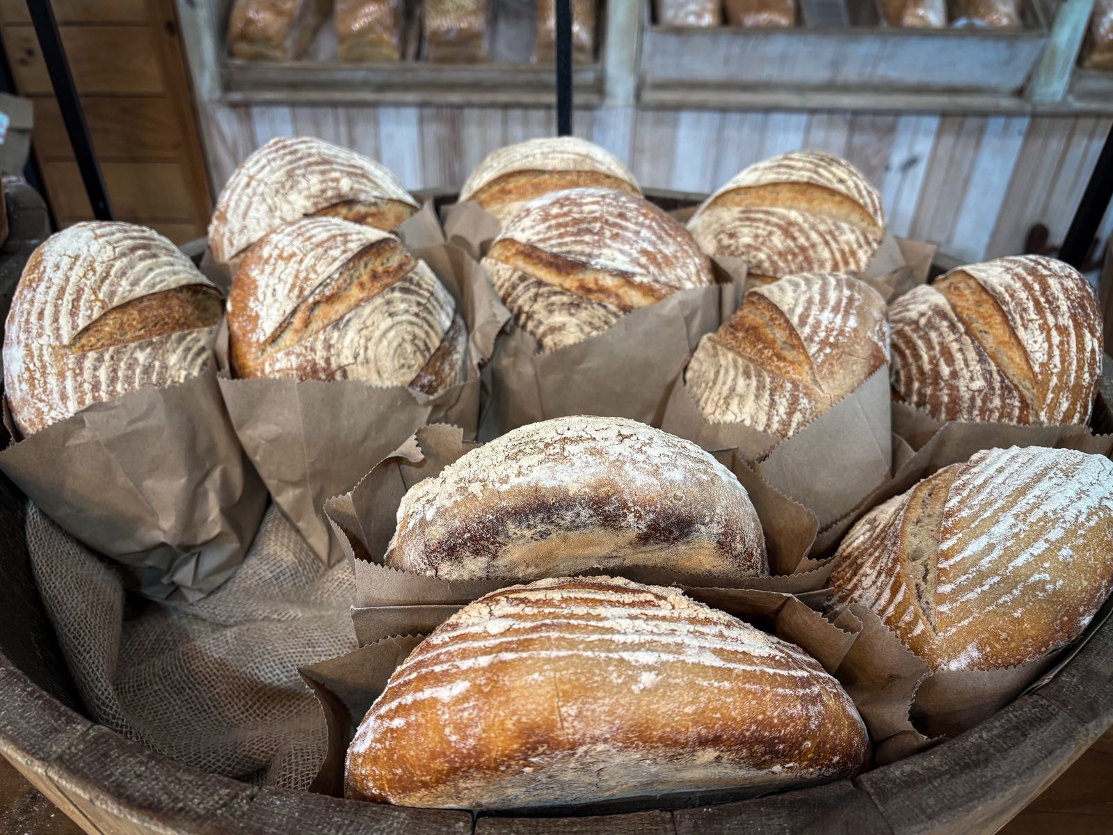 The day's loaves, scored and cooled